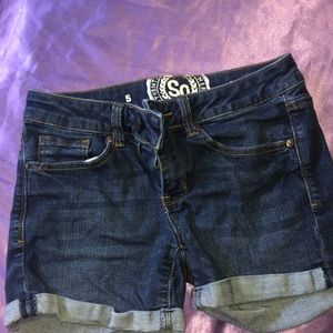 Medium Dark Wash denim midi shorts